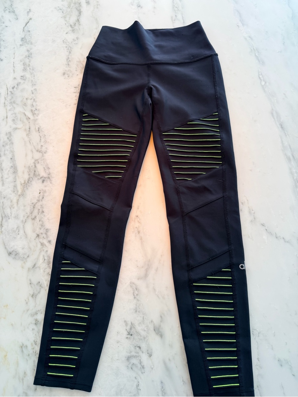 ALO Yoga Black Leggings with Neon Green Stripe Panels